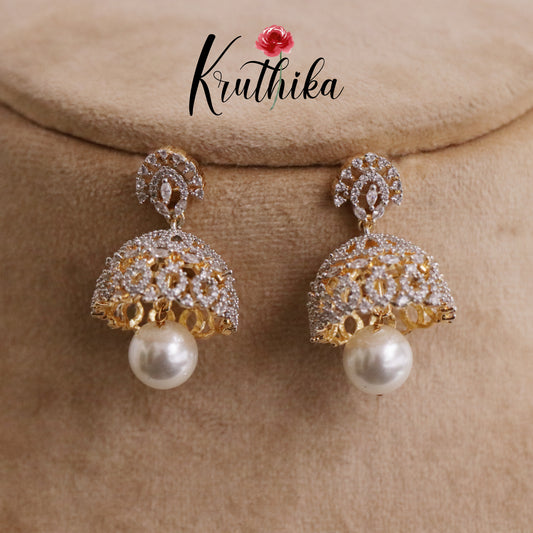 Trendy CZ Sparkling Jhumka Pearl Drops E655