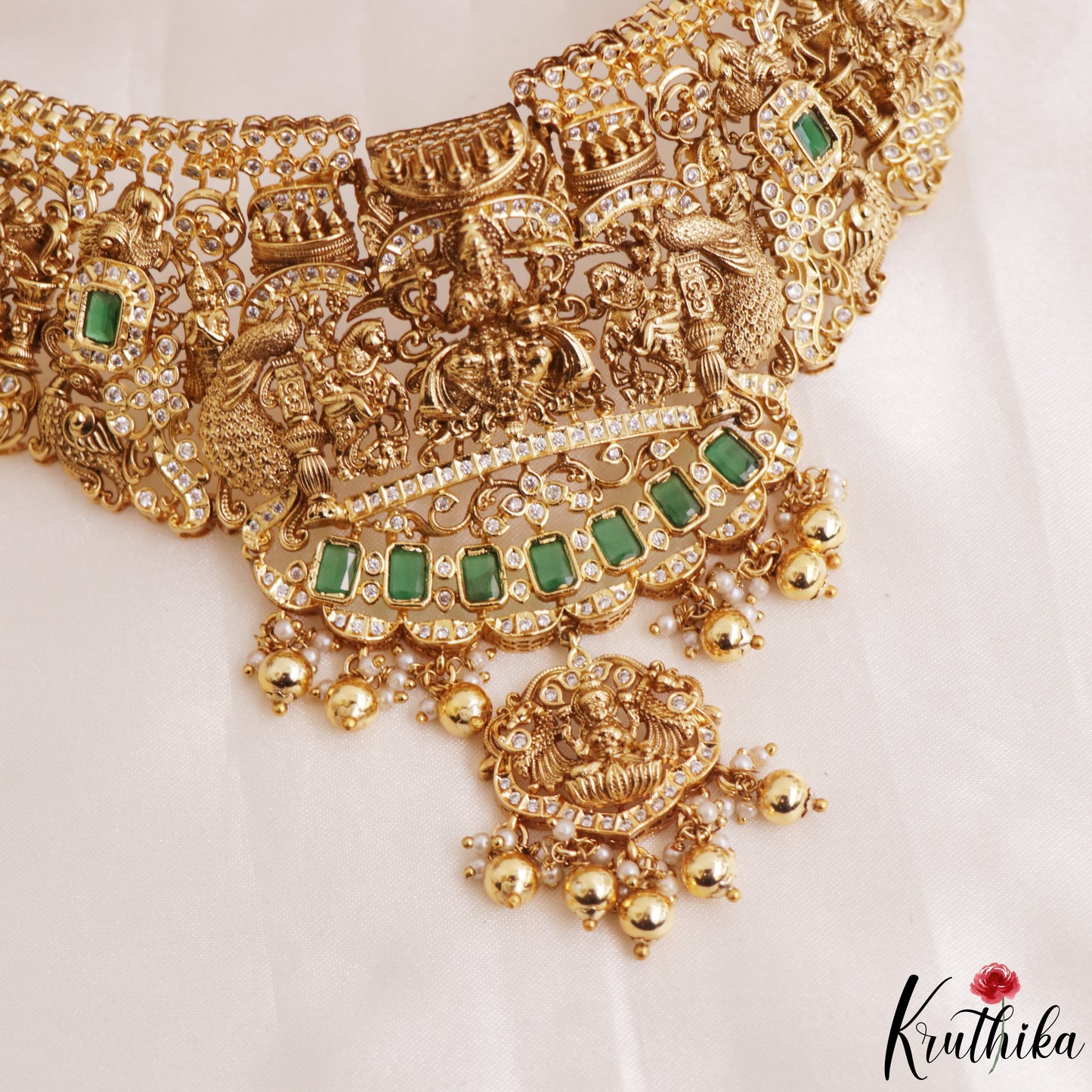 Premium Antique Nagas Lakshmi Peacock Motifs Temple Choker With Bead Drops NC3164 (Available In 2 Colors)