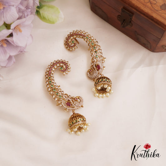 Stunning Peacock Motifs Kemp Ear Cuff With Jhumka E998 (Available In 2 Colors)