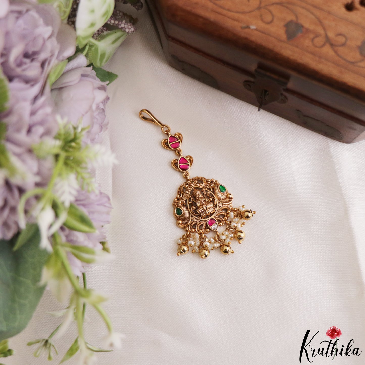 Classic Antique Lakshmi Peacock Motifs Jadau Maang Tikka With Pearl Bead Drops MT402 (Available In 4 Colors)