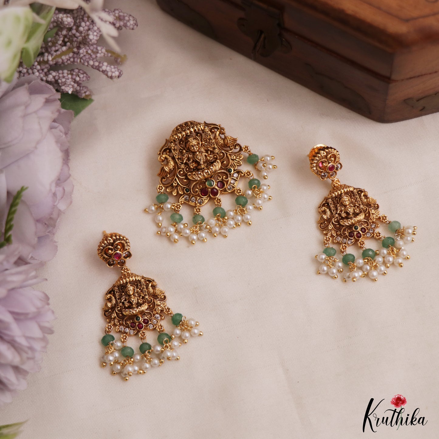 Classic Antique Lakshmi Peacock Motifs Jadau Pendant Set With Green Bead Drops PS298
