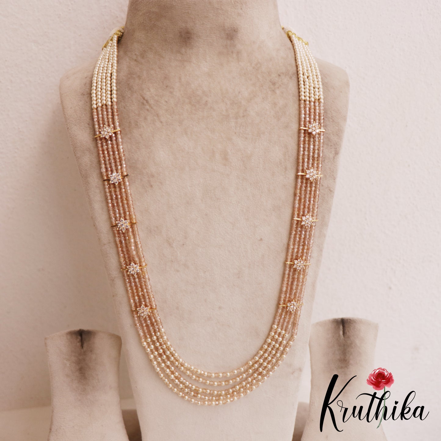 Sparkling Multi Layered crystal & Pearl statement Haaram with floral accents LH2081 (Available In 13 Colors)