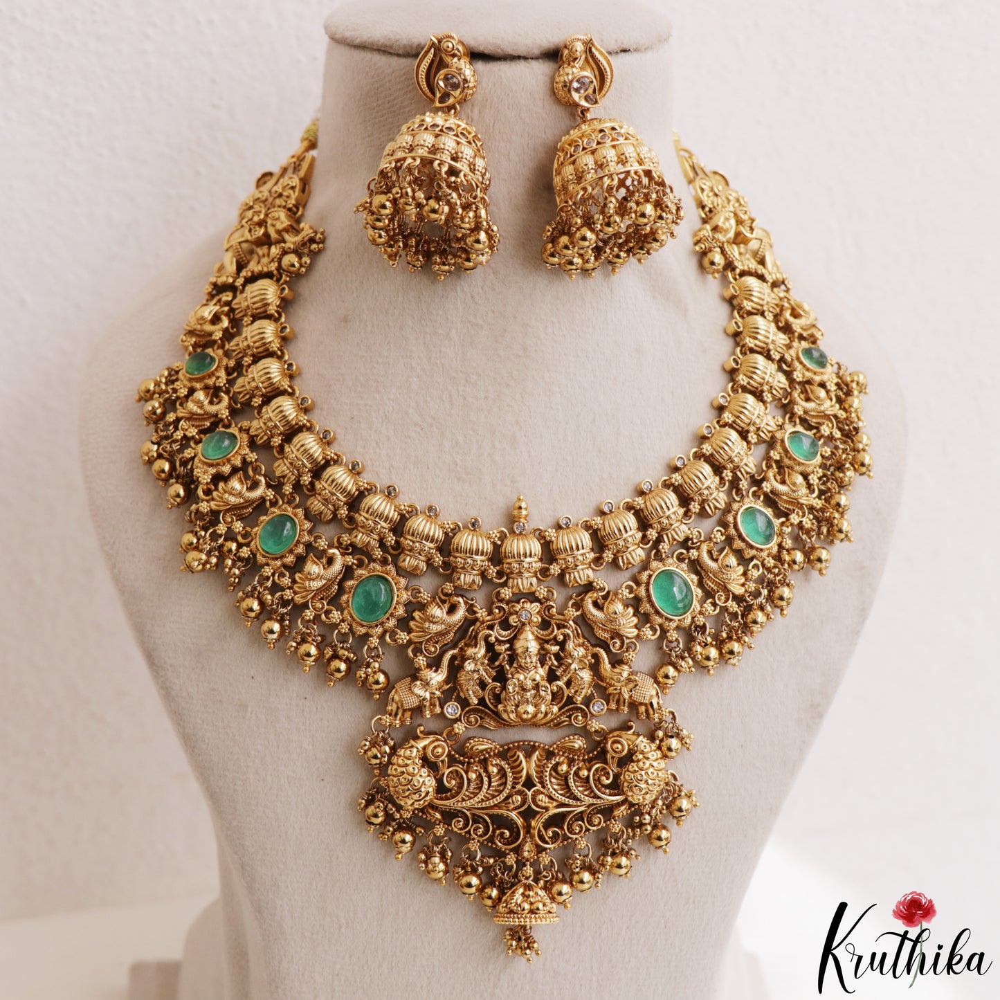 Premium Antique Nagas Lakshmi Peacock Motifs Temple Necklace With Golden Bead Drops NC3223