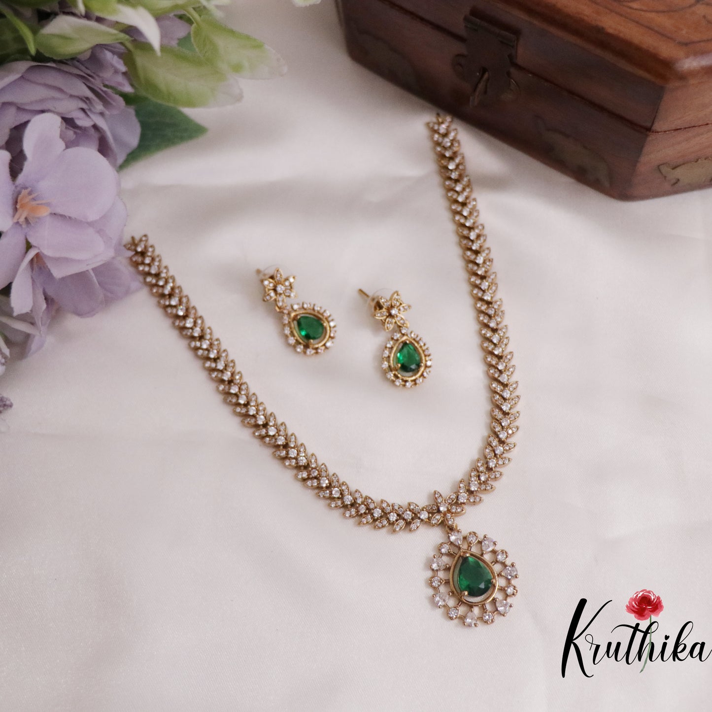Beautiful CZ Leaf Necklace with Water Drop Pendant Set NC2271 (Available in 2 Colors)