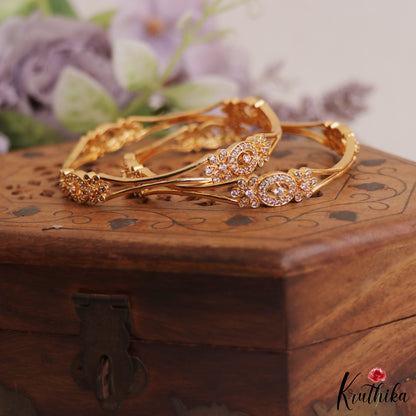 Pretty Floral Motifs Diamond-Finish Gold-Tone AD Bangles B533 (Set of 2)