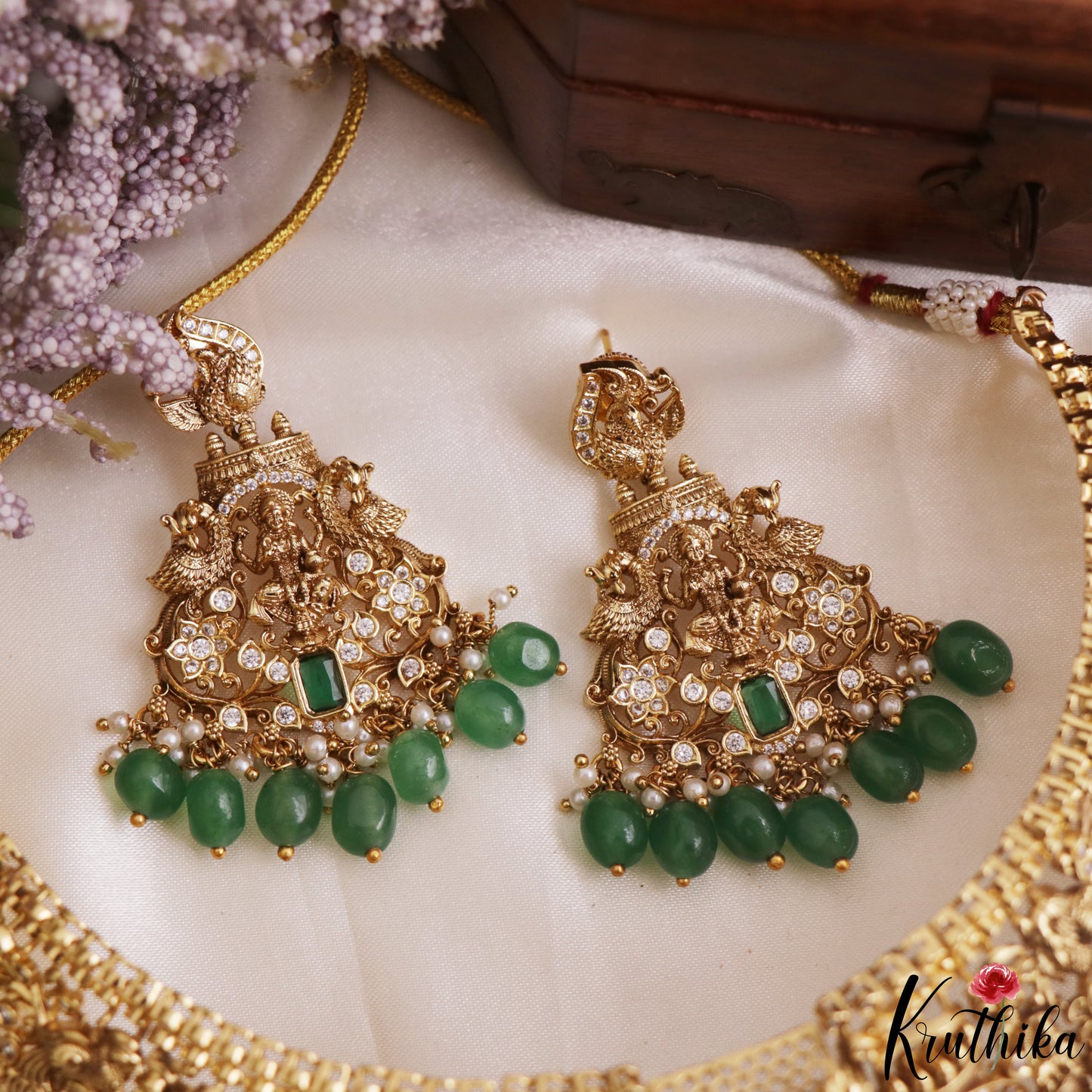 Premium Antique Nagas Lakshmi Peacock Motifs Temple Choker With Bead Drops NC3164 (Available In 2 Colors)