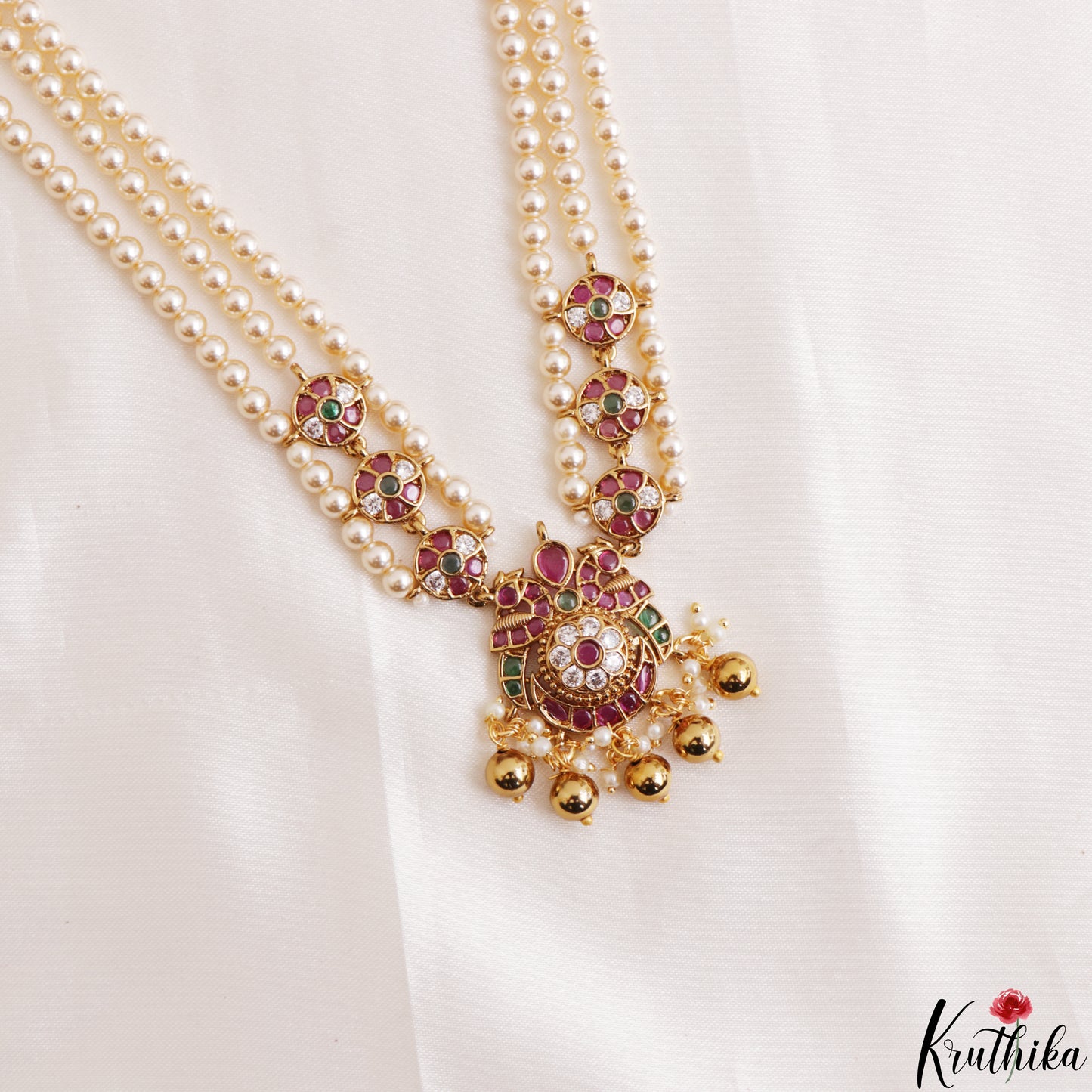 Classic Multi Strand Pearl Chain With Kemp Peacock Pendant LH2194 (Available In 2 Colors)