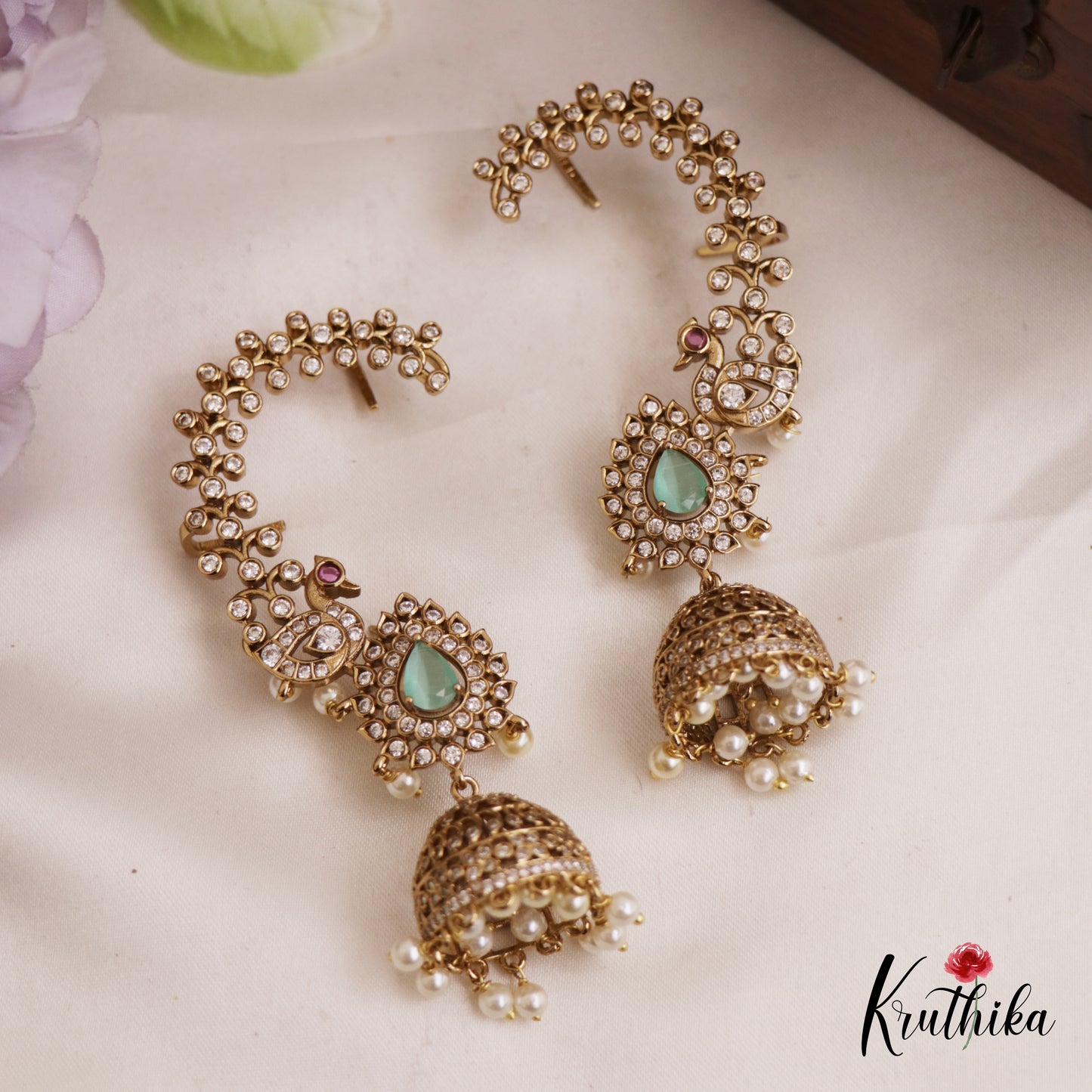 Gorgeous Peacock Teardrop Motifs AD Ear Cuff With Pearl Drops E977 (Available In 5 Colors)