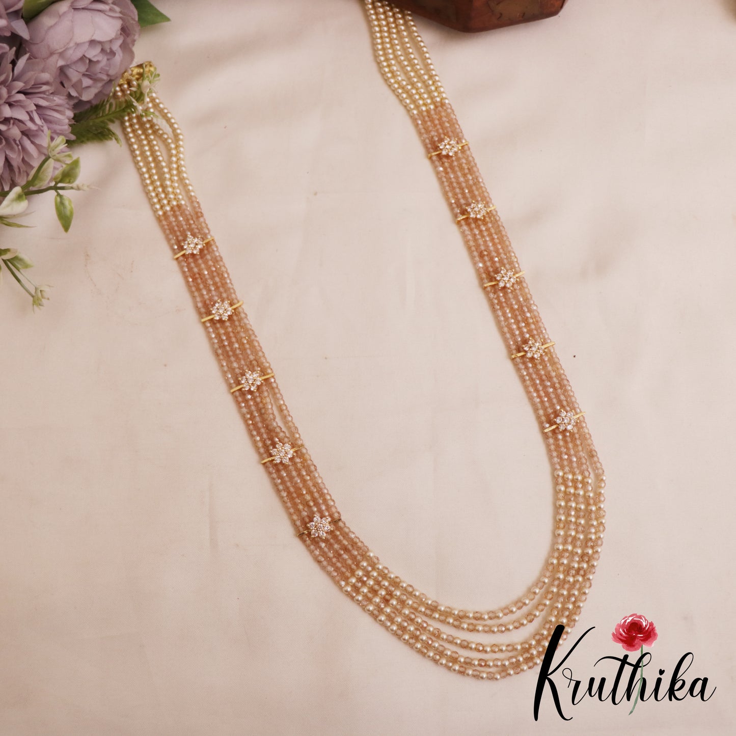 Sparkling Multi Layered crystal & Pearl statement Haaram with floral accents LH2081 (Available In 13 Colors)