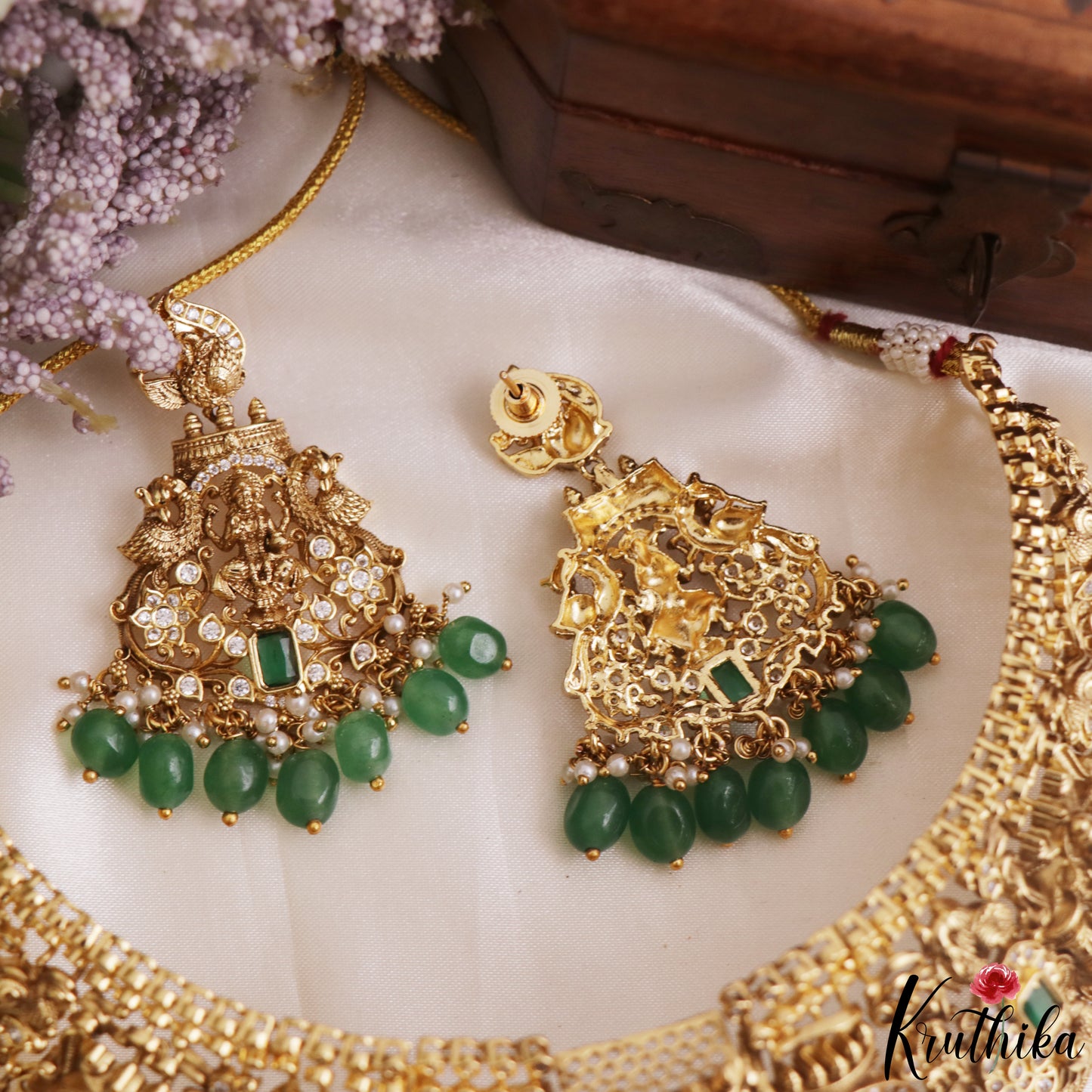 Premium Antique Nagas Lakshmi Peacock Motifs Temple Choker With Bead Drops NC3164 (Available In 2 Colors)