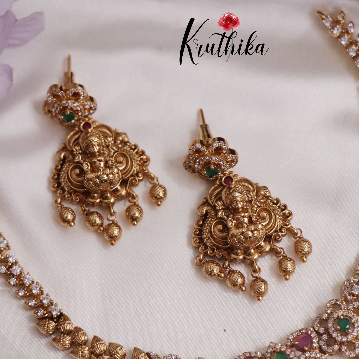 Pretty CZ Laxmi Necklace with Golden Beads Drops NC2247 (available in 2 Colors)
