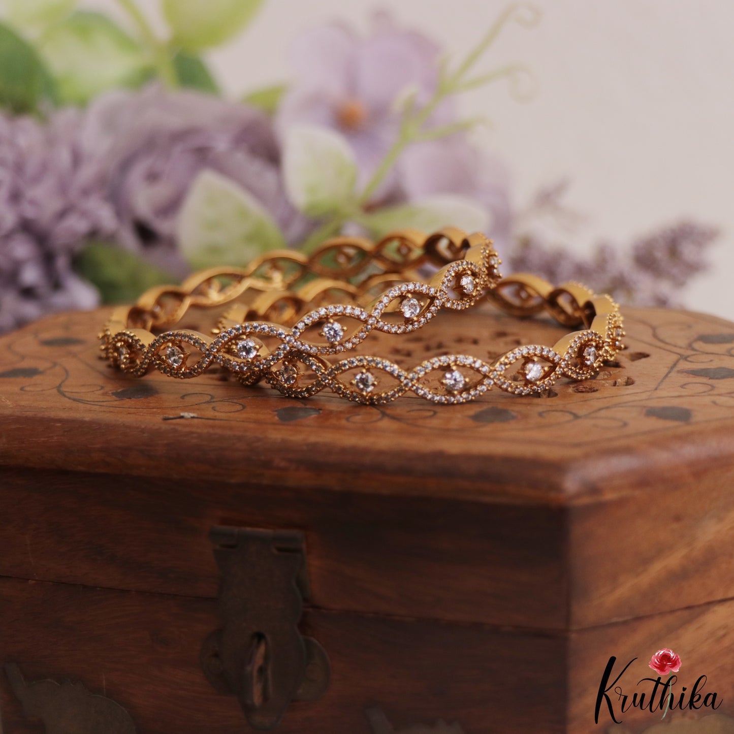 Elegant Diamond-Finish Gold-Tone AD Bangles B534 (Set of 2)
