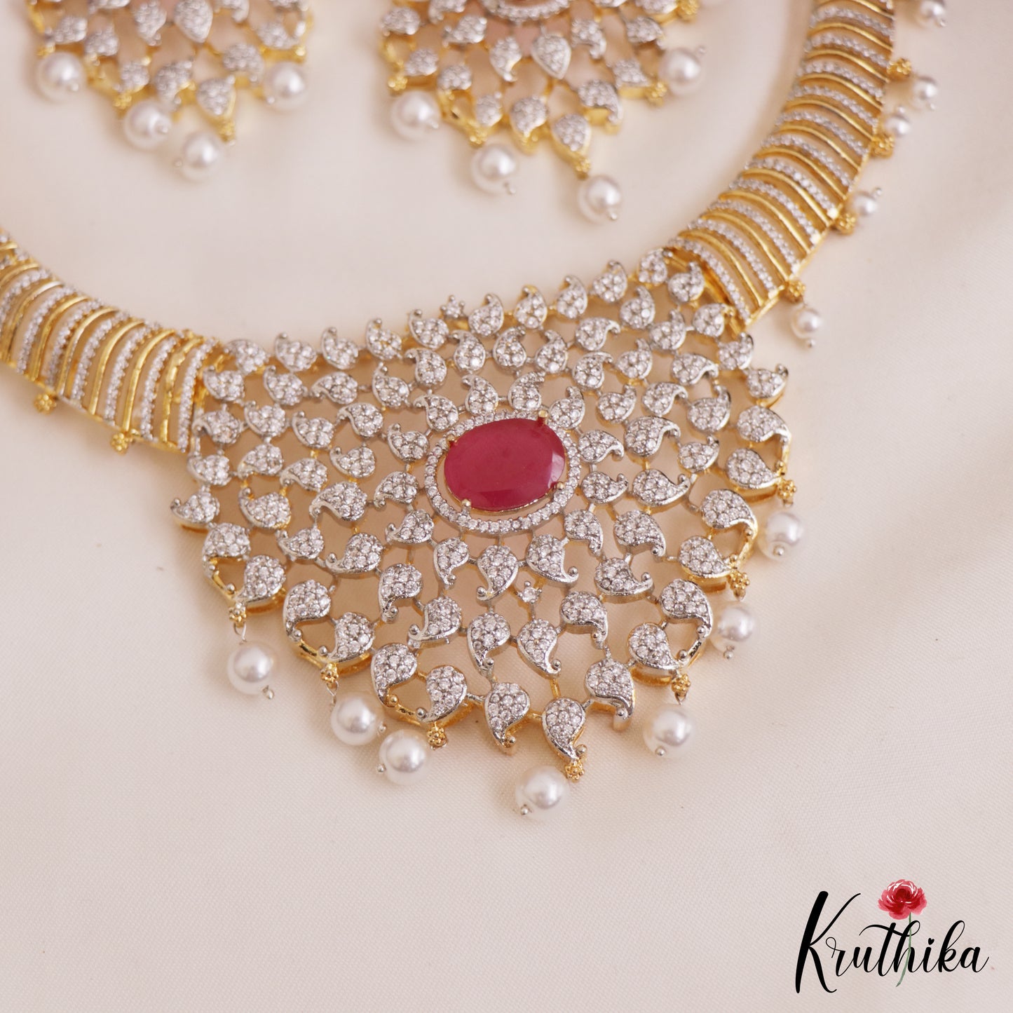 Sparkling Mango Motifs Diamond-Finish Gold-Tone AD Choker With Pearl Drops NC2760