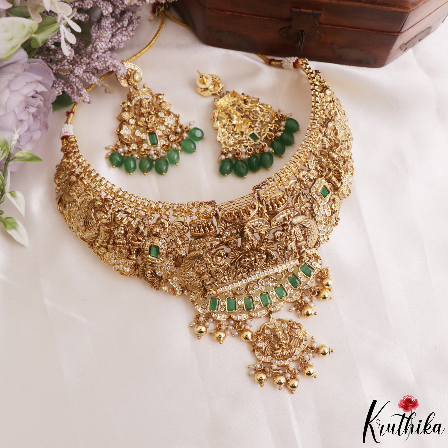 Premium Antique Nagas Lakshmi Peacock Motifs Temple Choker With Bead Drops NC3164 (Available In 2 Colors)