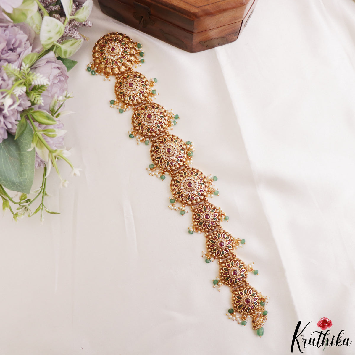 Classic Floral Motifs Jhumka Jadau Jada Billa With Green Bead Drops J441