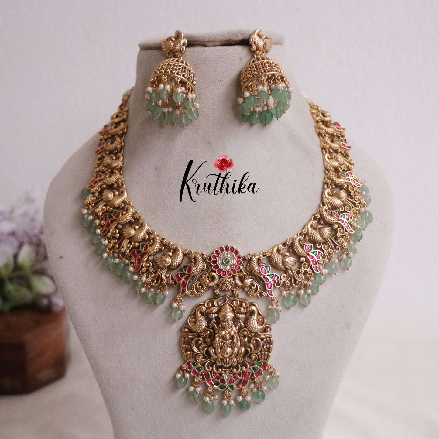 Premium Temple Lakshmi Jadau Necklace with Beads Drops NC2170 (Available in 2 Colours)