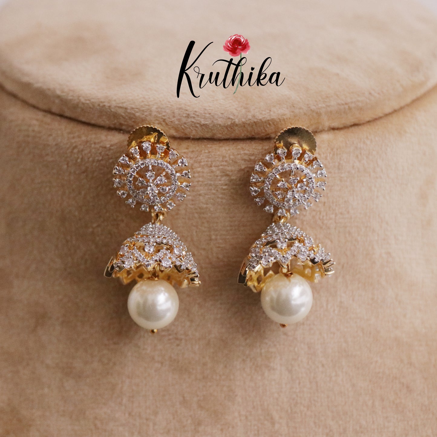 Beautiful CZ Sparkling Jhumka with Pearl Drops E652