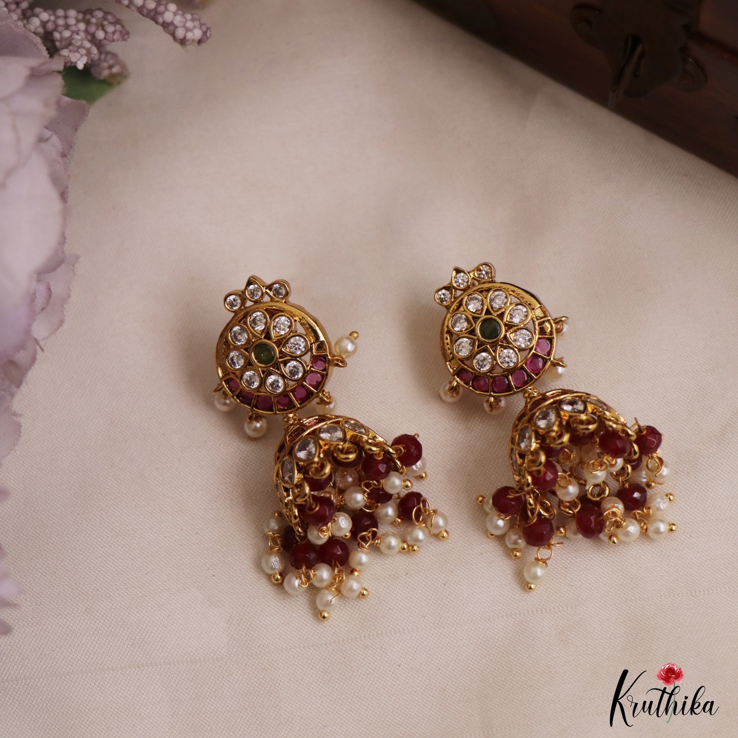 Trendy Floral Motifs Kemp Jhumas With Pearl Bead Drops E1147
