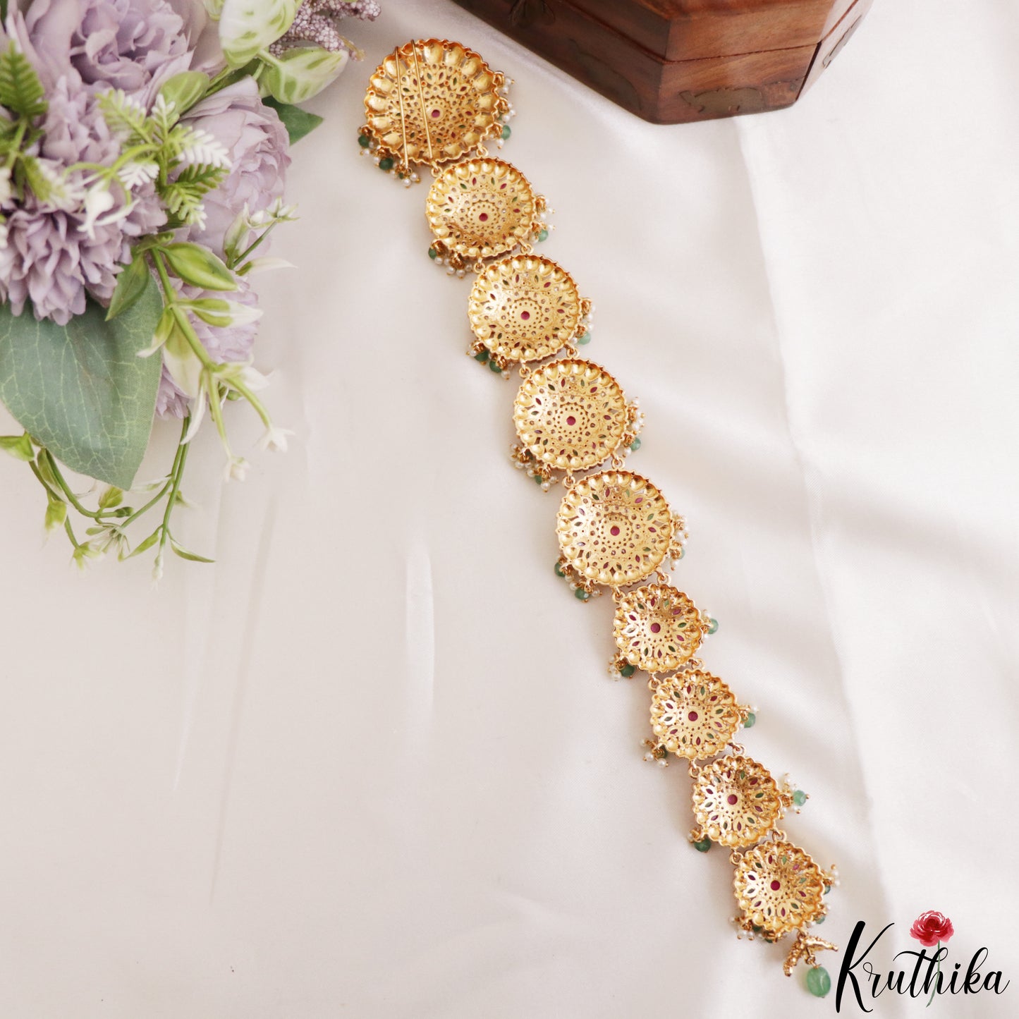 Classic Floral Motifs Jhumka Jadau Jada Billa With Green Bead Drops J441