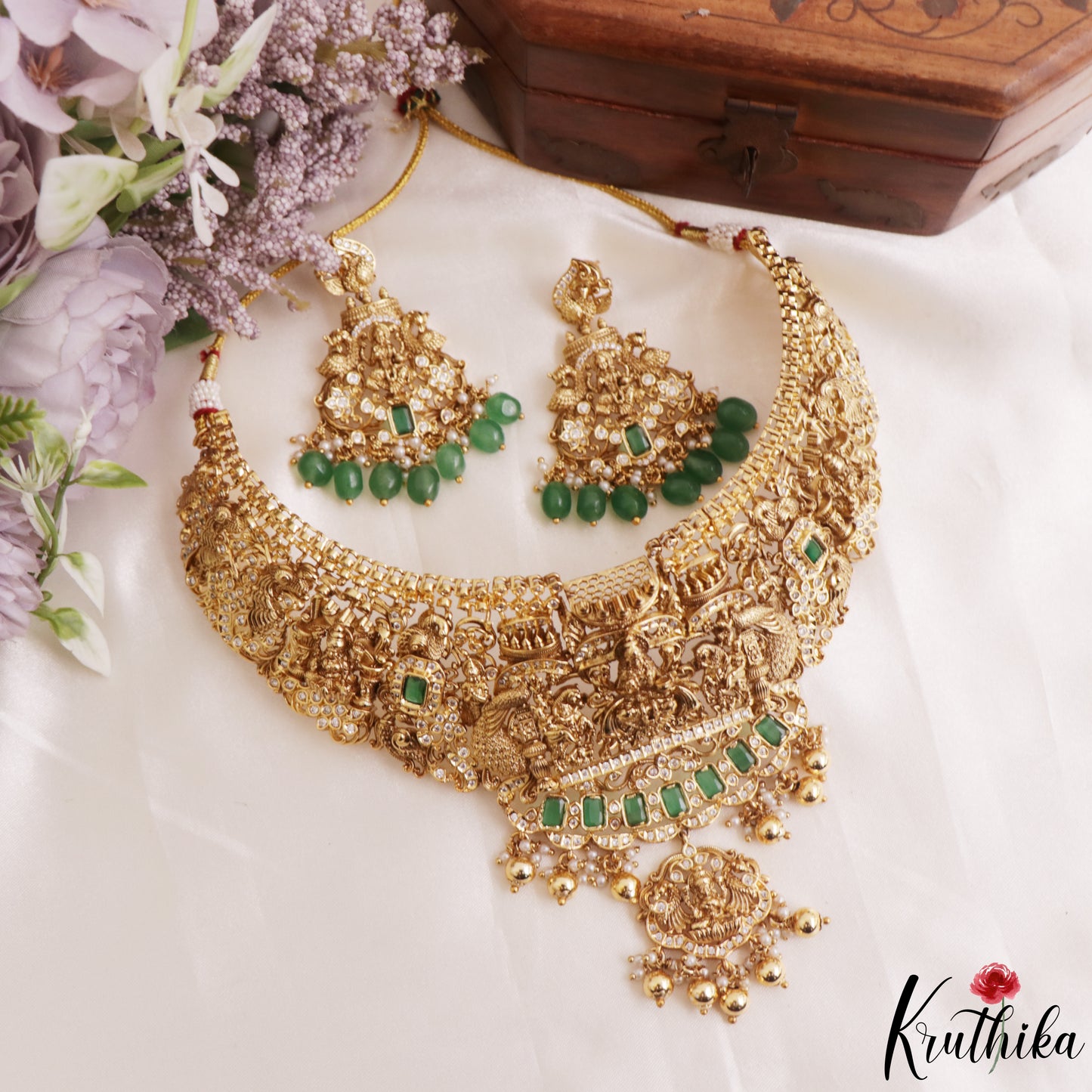 Premium Antique Nagas Lakshmi Peacock Motifs Temple Choker With Bead Drops NC3164 (Available In 2 Colors)