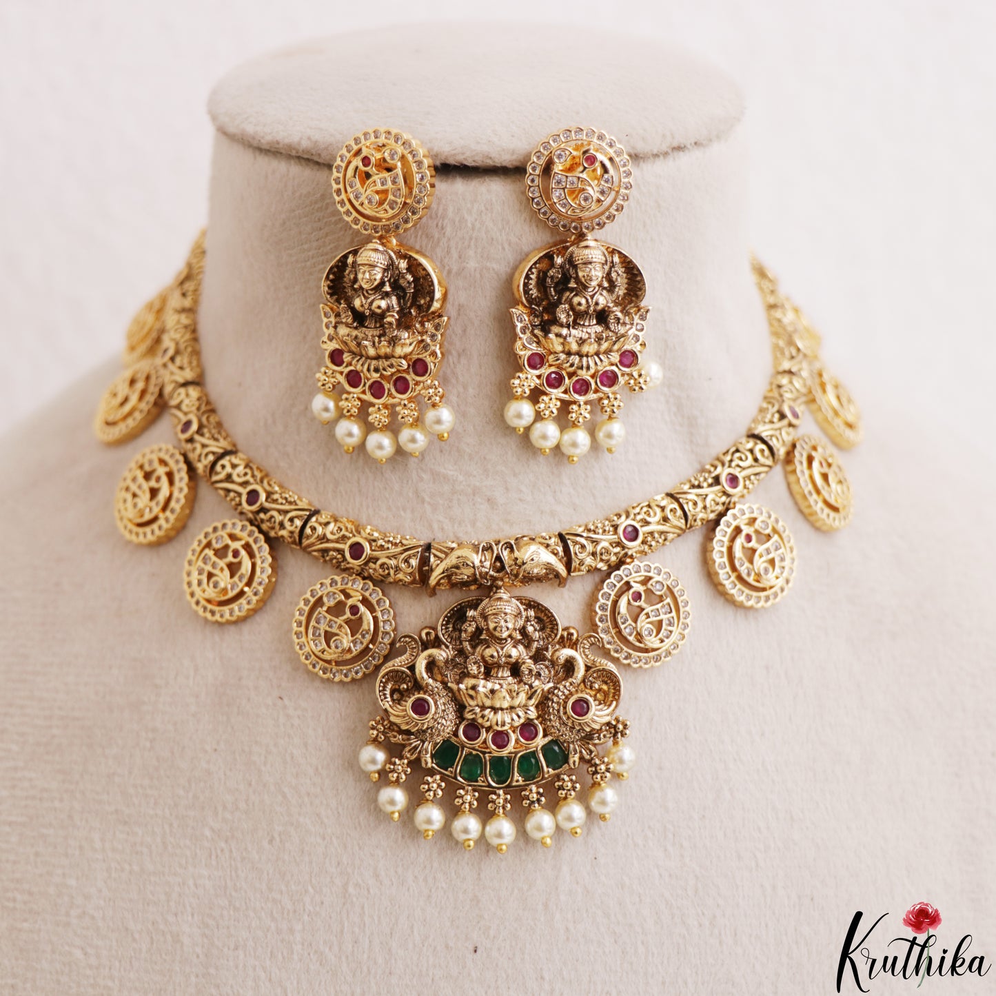 Traditional Antique Lakshmi Peacock Motifs Bottu Necklace With Pearl Drops NC3200 (Available In 2 Colors)