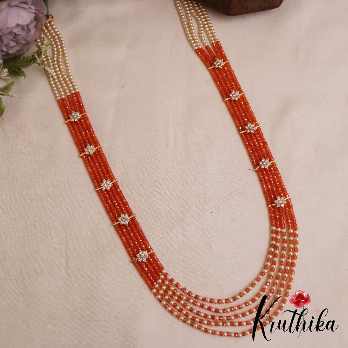 Sparkling Multi Layered crystal & Pearl statement Haaram with floral accents LH2081 (Available In 13 Colors)
