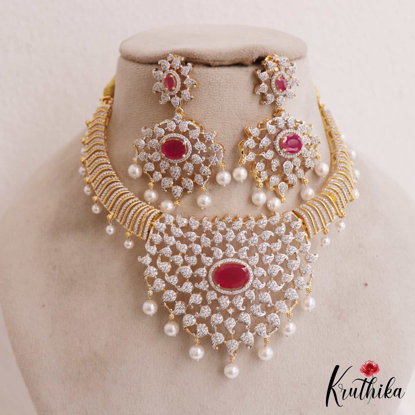 Sparkling Mango Motifs Diamond-Finish Gold-Tone AD Choker With Pearl Drops NC2760