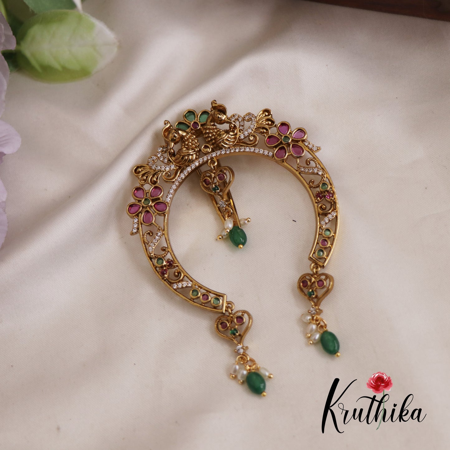 Stunning Floral Peacock Motifs Jadau Jada Billa With Bead Drops J299 (Available In 2 Colors)