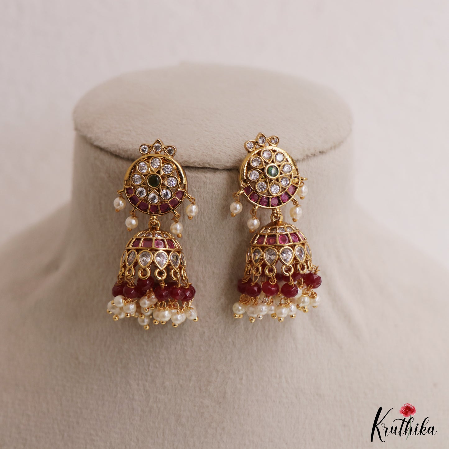 Trendy Floral Motifs Kemp Jhumas With Pearl Bead Drops E1147