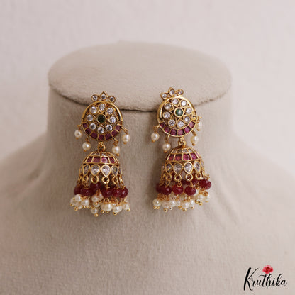 Trendy Floral Motifs Kemp Jhumas With Pearl Bead Drops E1147