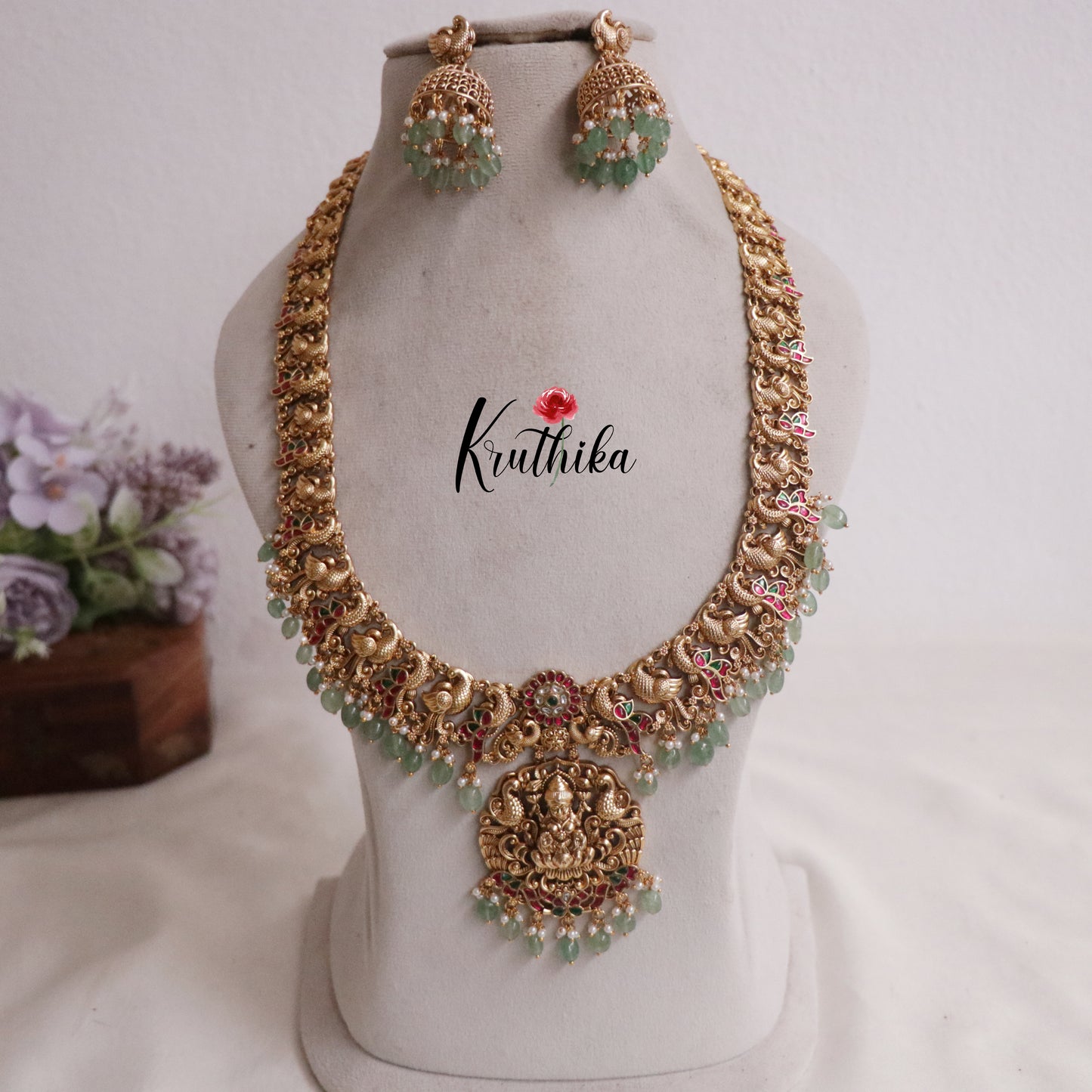 Premium Temple Lakshmi Jadau Haaram with Beads Drops LH1934 (Available in 2 Colours)