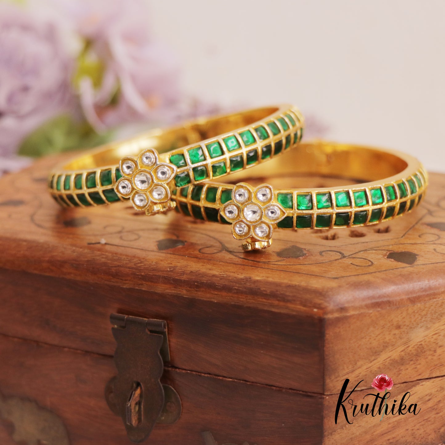 Premium Floral Motifs Openable Jadau Kada B455  (Set of 2)|(Available In 3 Colors)