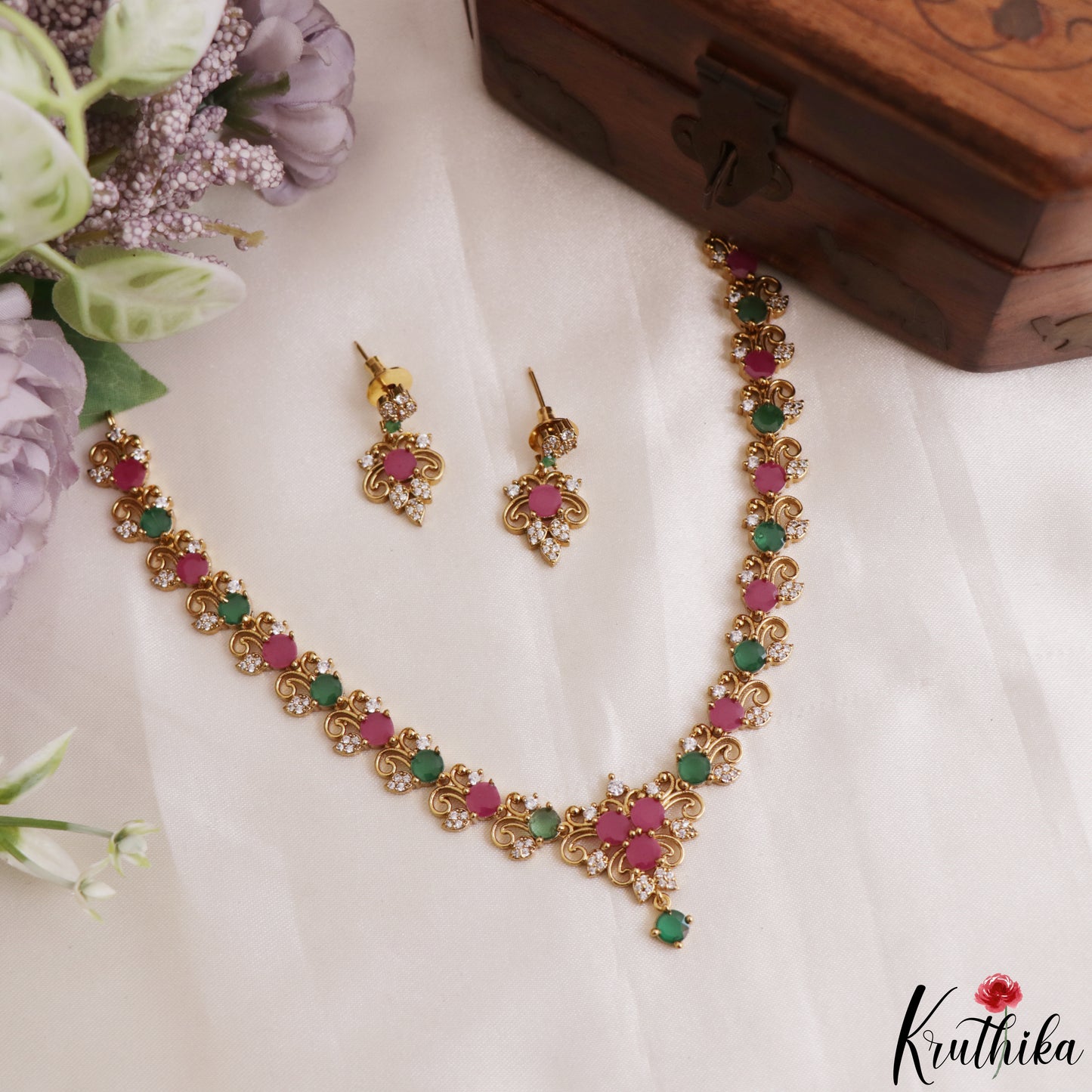 Elegant Floral Motifs Gold-Tone CZ Necklace NC3224 (Available In 3 Colors)