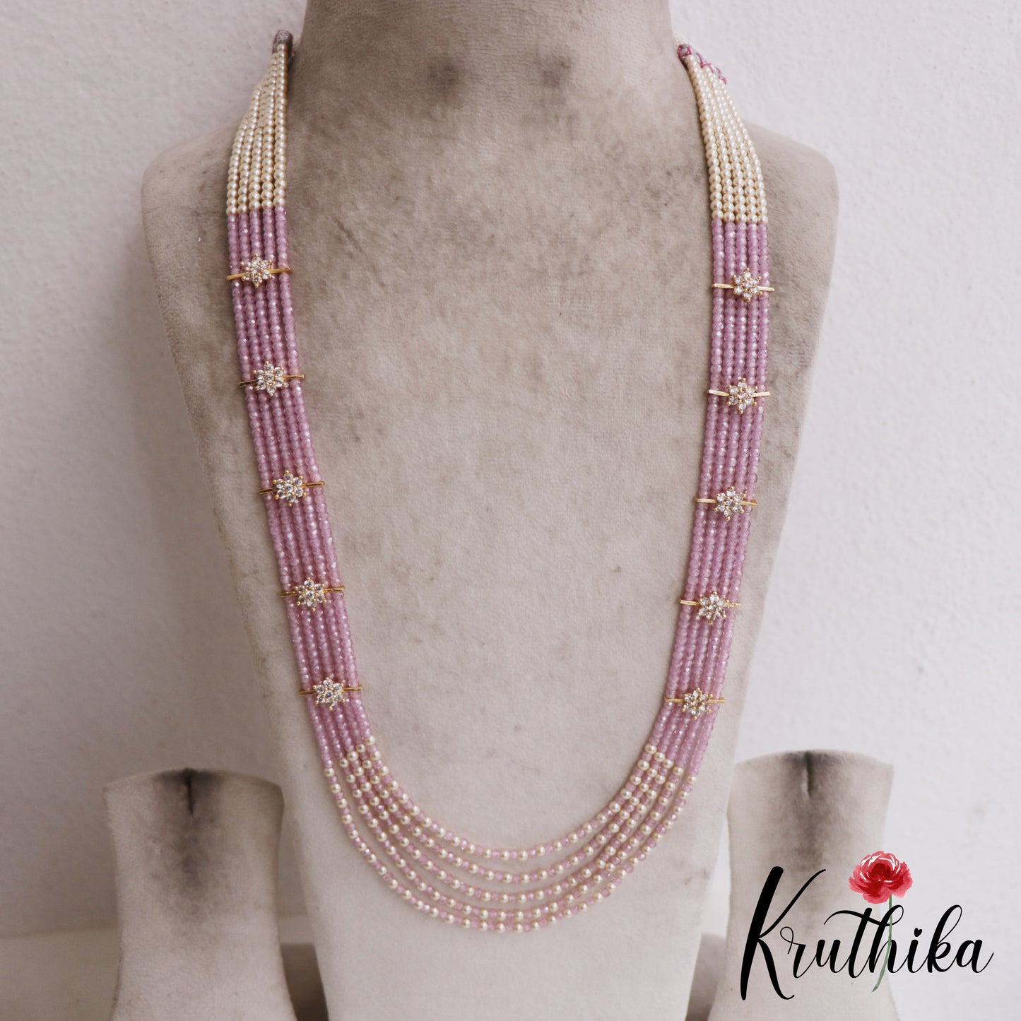 Sparkling Multi Layered crystal & Pearl statement Haaram with floral accents LH2081 (Available In 13 Colors)