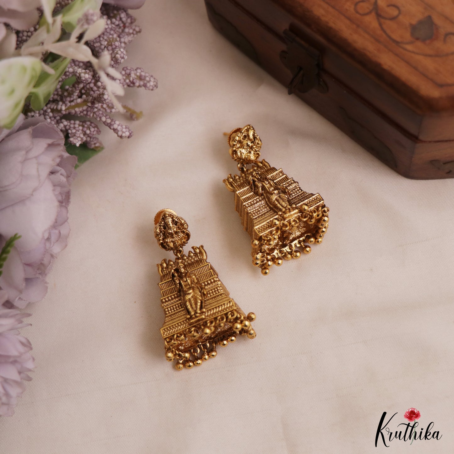 Classic Goddess Meenakshi Gopuram Jhumkas With Golden Bead Drops E1148