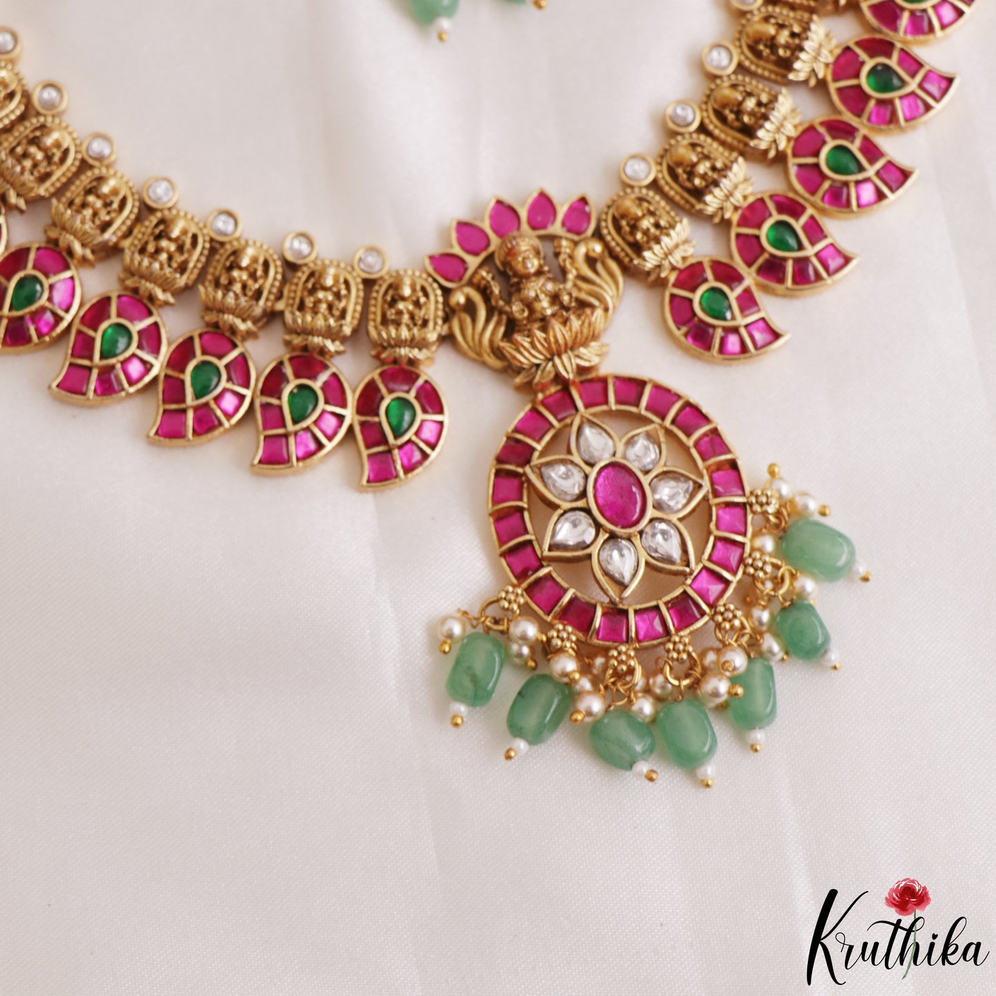 Premium Antique Lakshmi Mango Motifs Jadau Necklace With Green Bead Drops NC3165