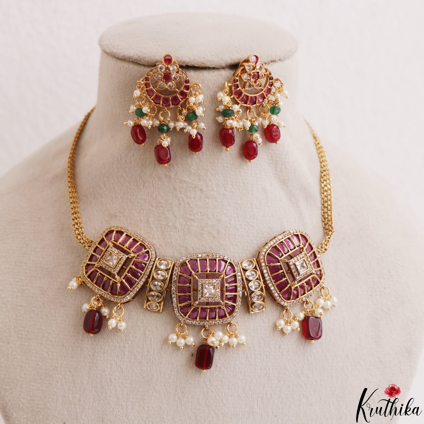 Premium Square Motifs Kemp Choker With Bead Drops NC3201 (Available In 2 Colors)