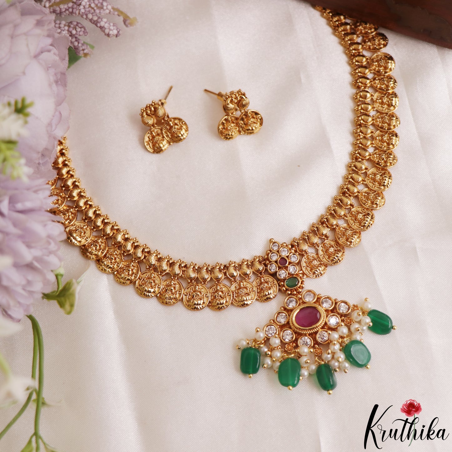 Trendy Floral Motifs Mango Lakshmi Kasu Necklace With Green Bead Drops NC3124