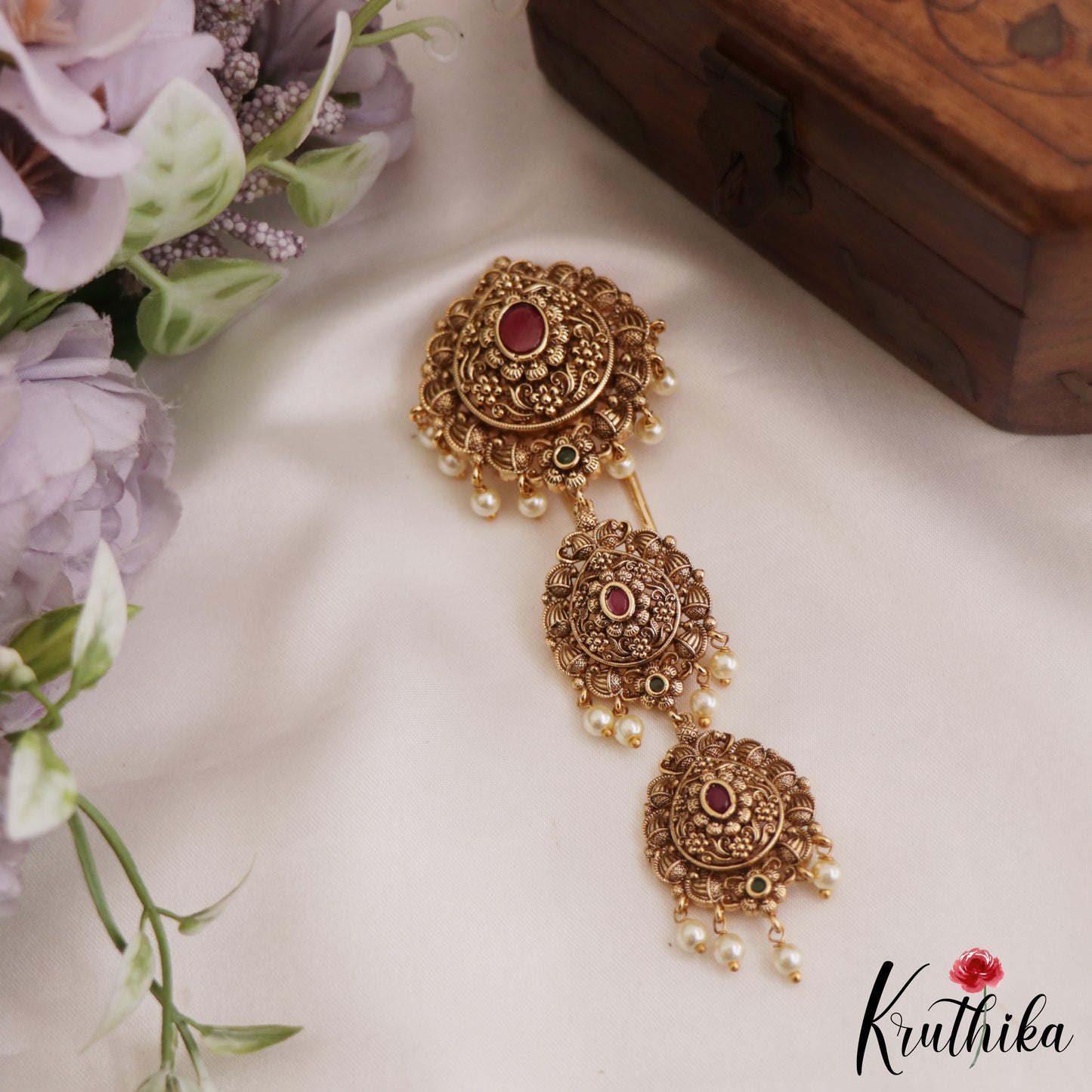 Elegant Antique Floral Motifs Jada Billa With Pearl Drops J310