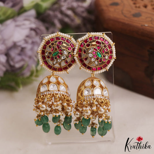 Stunning Peacock Motifs Polki Jadau Jhumka With Green Bead Drops E1083