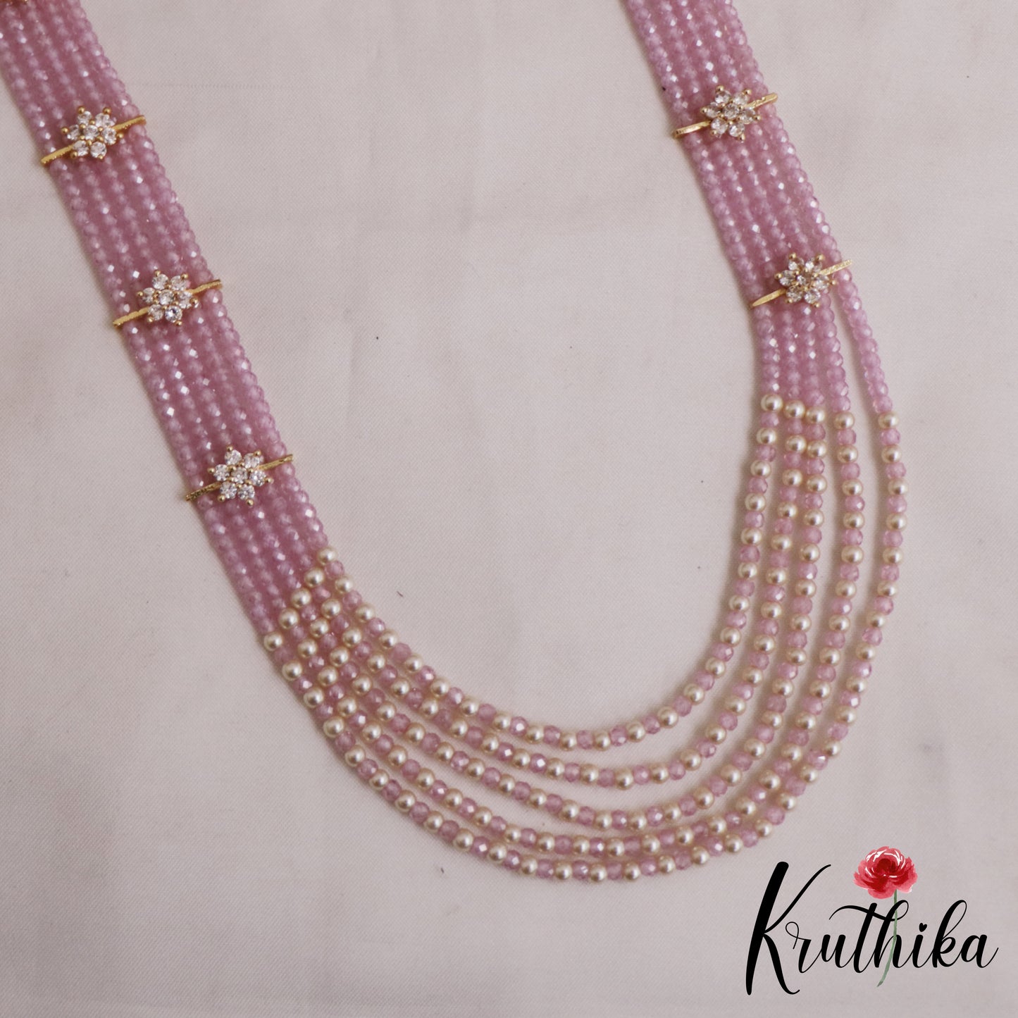 Sparkling Multi Layered crystal & Pearl statement Haaram with floral accents LH2081