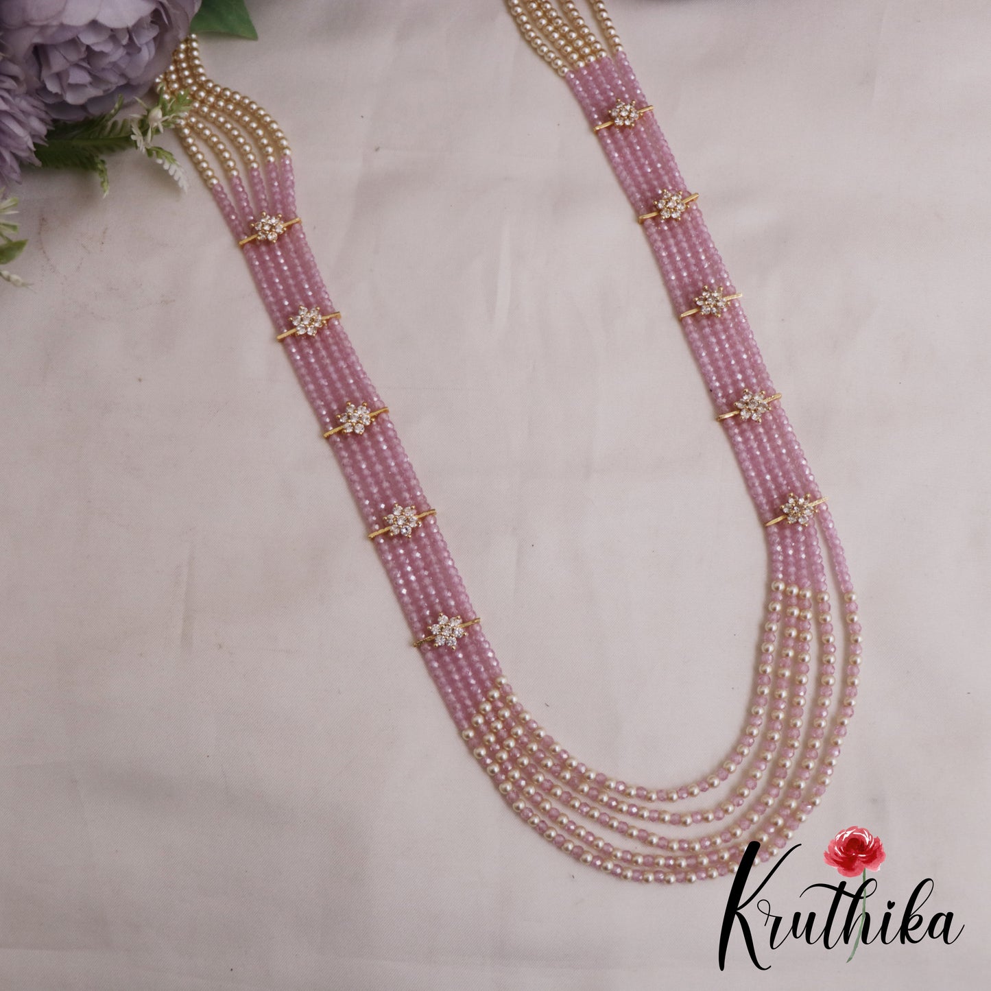 Sparkling Multi Layered crystal & Pearl statement Haaram with floral accents LH2081 (Available In 13 Colors)