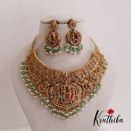 Intricate Hand painted Srinivasa Kalyanam Choker With Pearl And Bead Drops NC2607