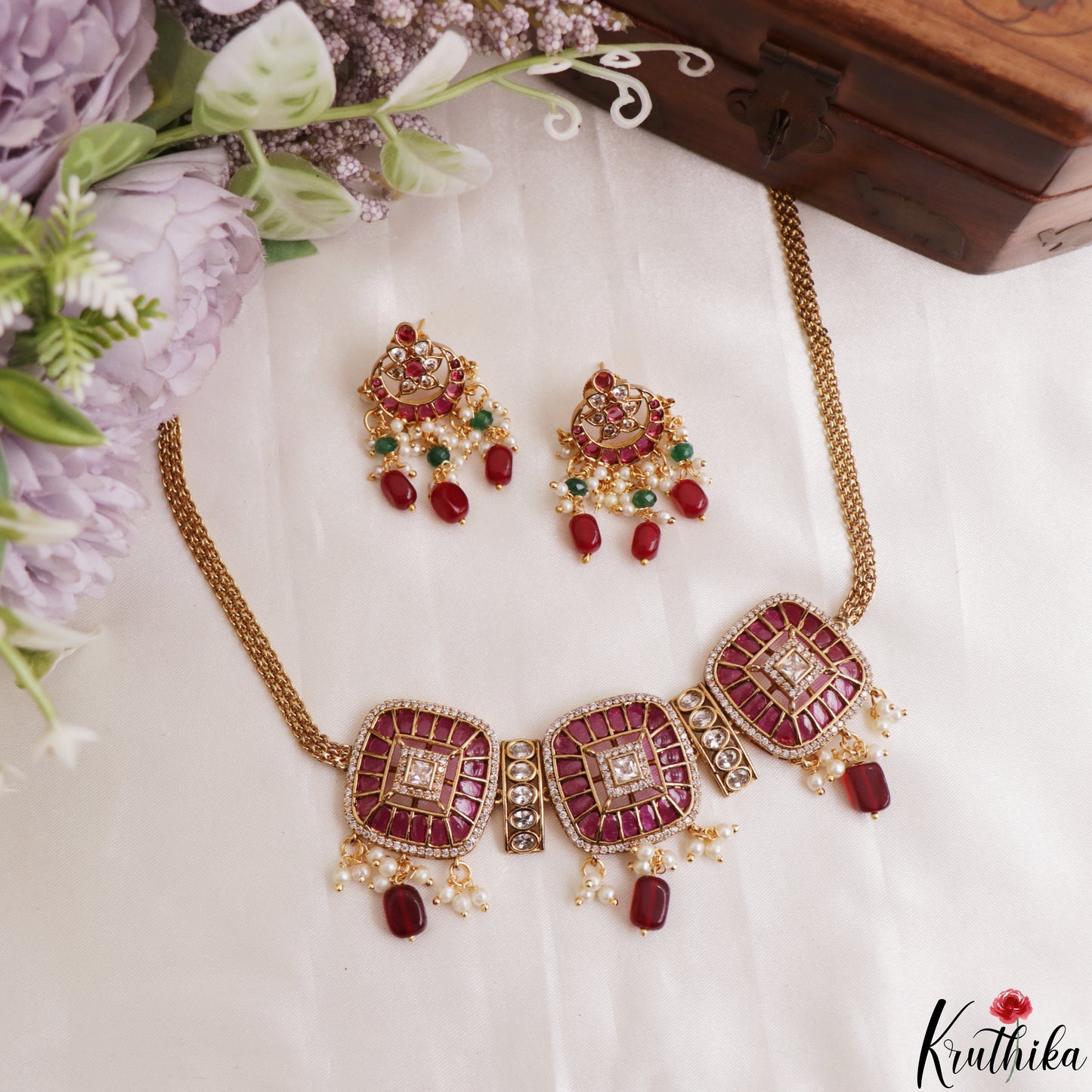 Premium Square Motifs Kemp Choker With Bead Drops NC3201 (Available In 2 Colors)
