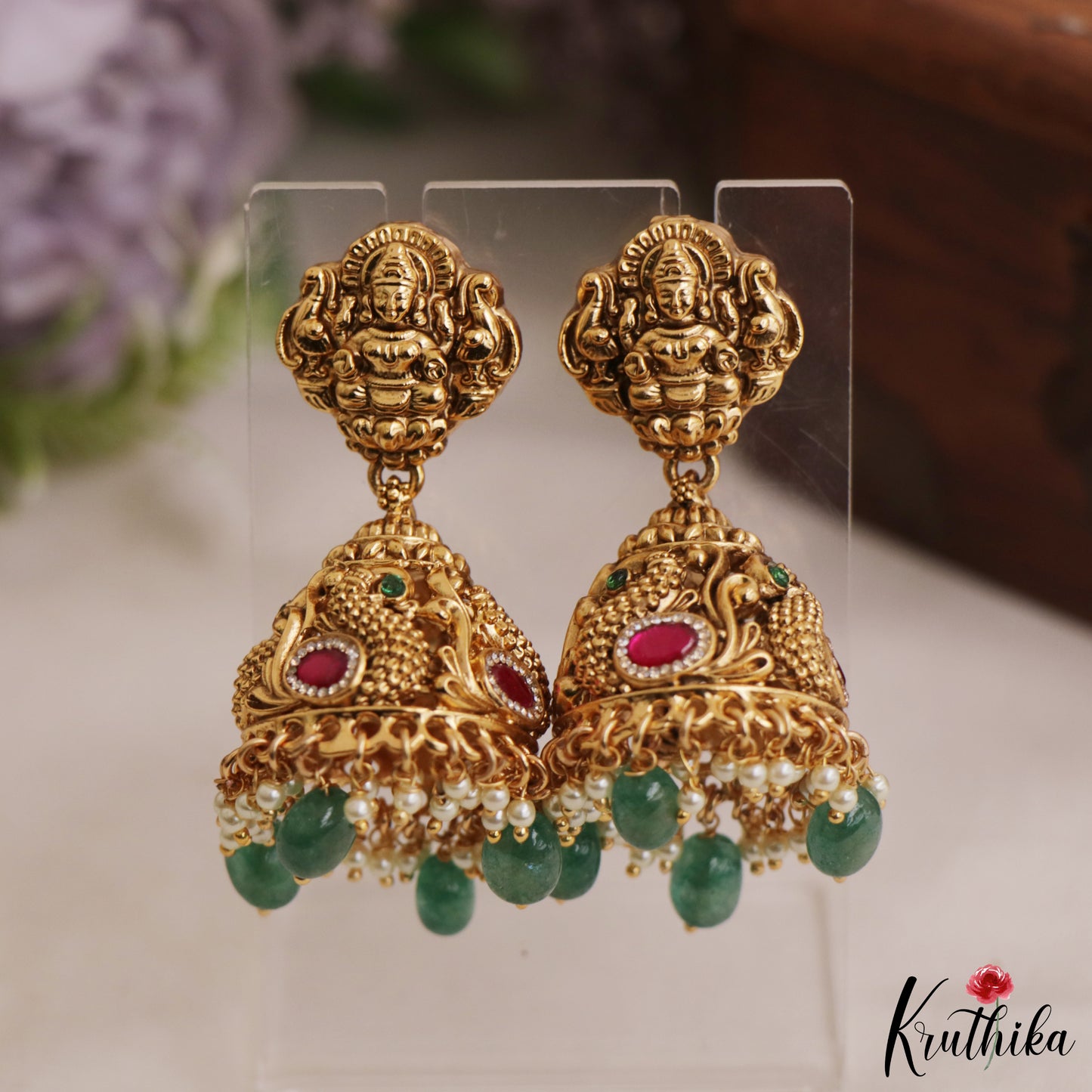 Premium Antique Nagas Lakshmi Peacock Motifs Jadau Pendant Set With Green Bead Drops  PS297