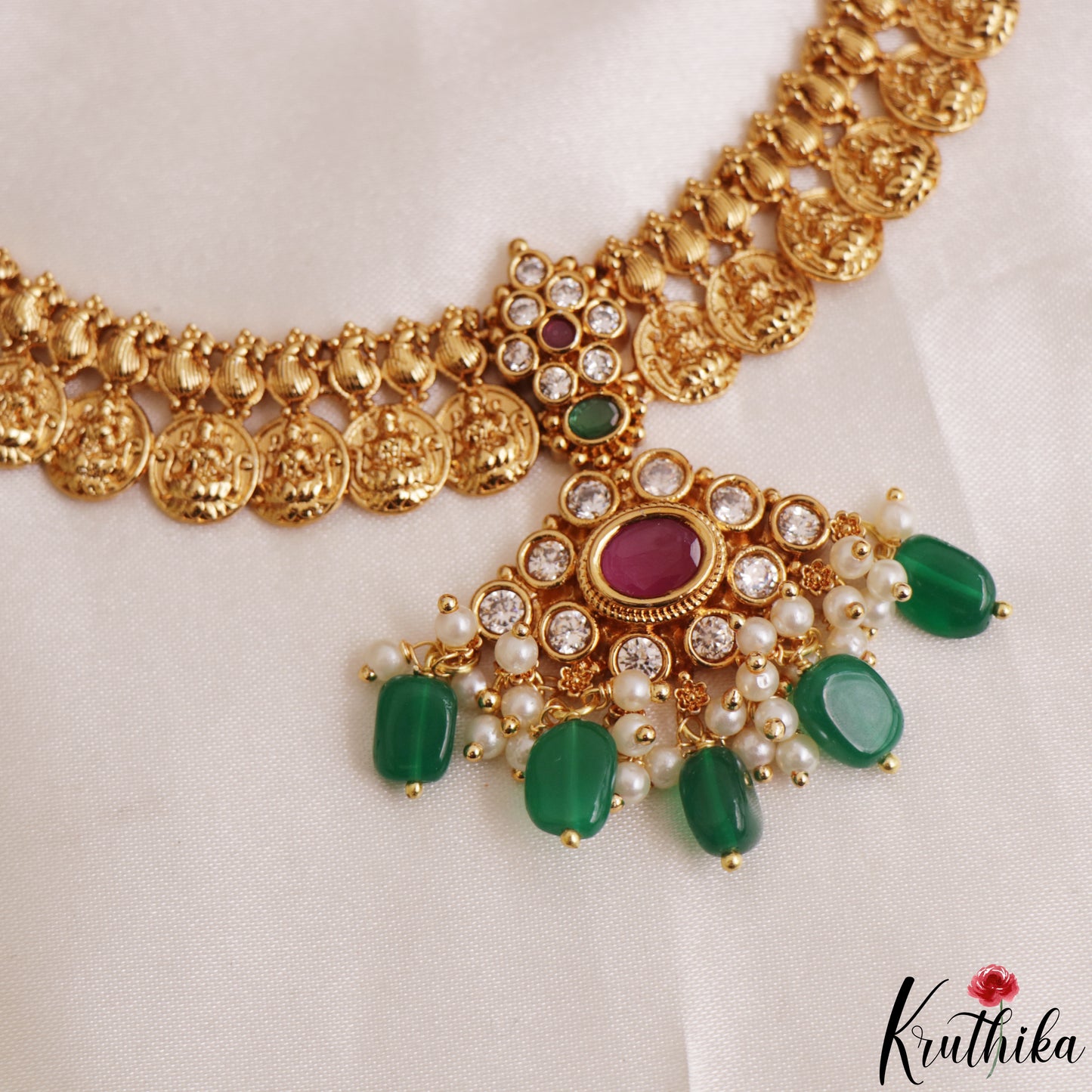 Trendy Floral Motifs Mango Lakshmi Kasu Necklace With Green Bead Drops NC3124