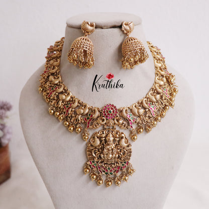 Premium Temple Lakshmi Jadau Necklace with Beads Drops NC2170 (Available in 2 Colours)