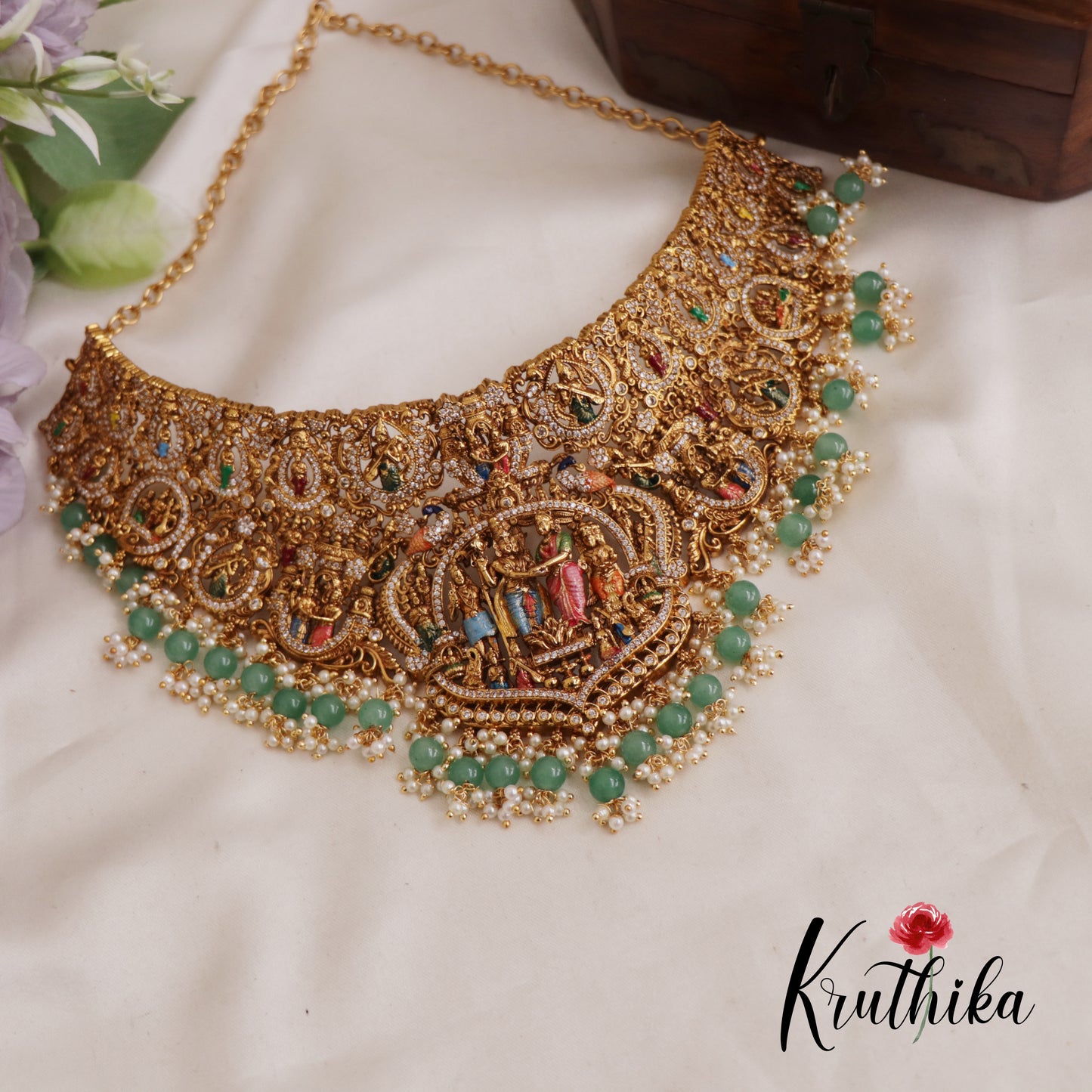Intricate Hand painted Srinivasa Kalyanam Choker With Pearl And Bead Drops NC2607