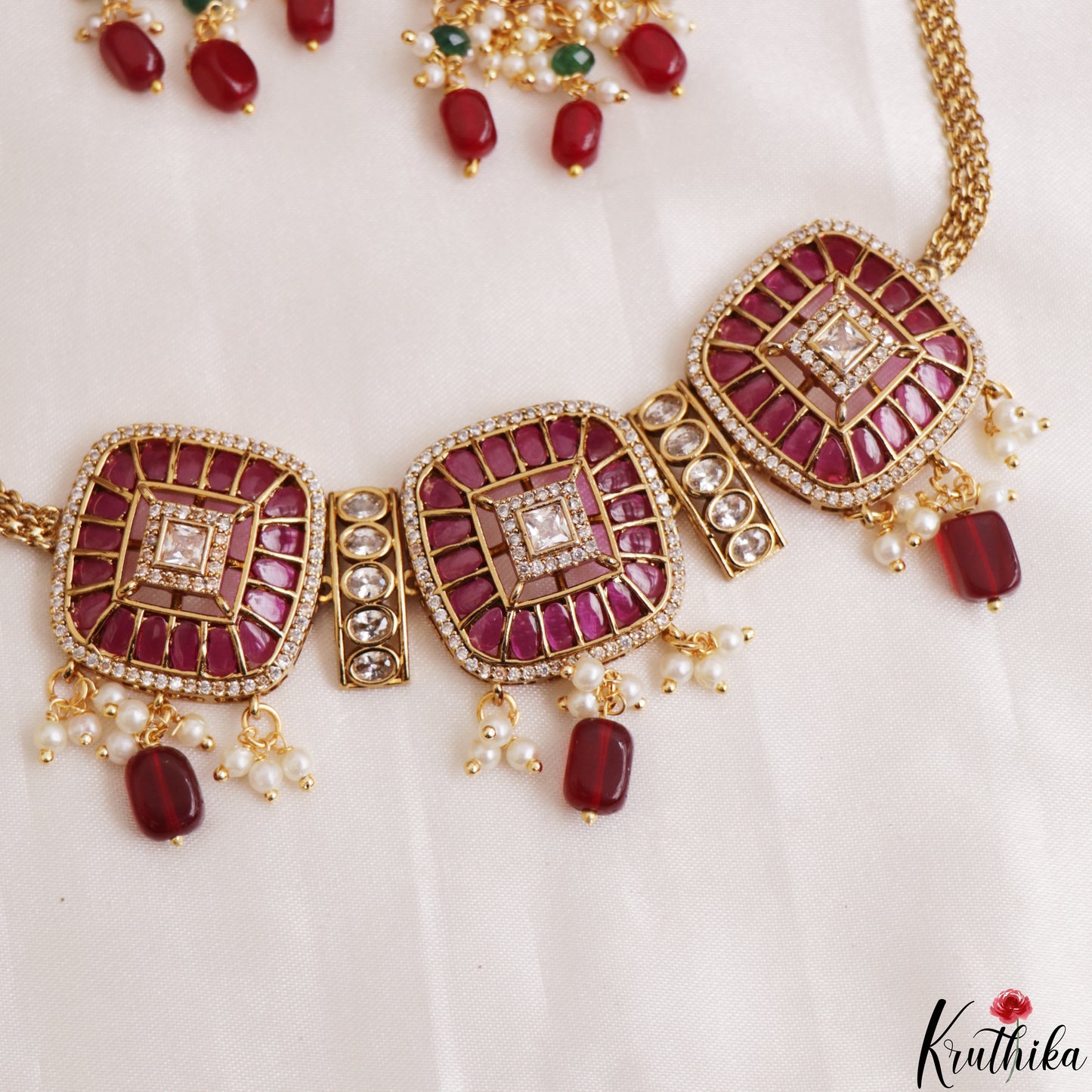 Premium Square Motifs Kemp Choker With Bead Drops NC3201 (Available In 2 Colors)