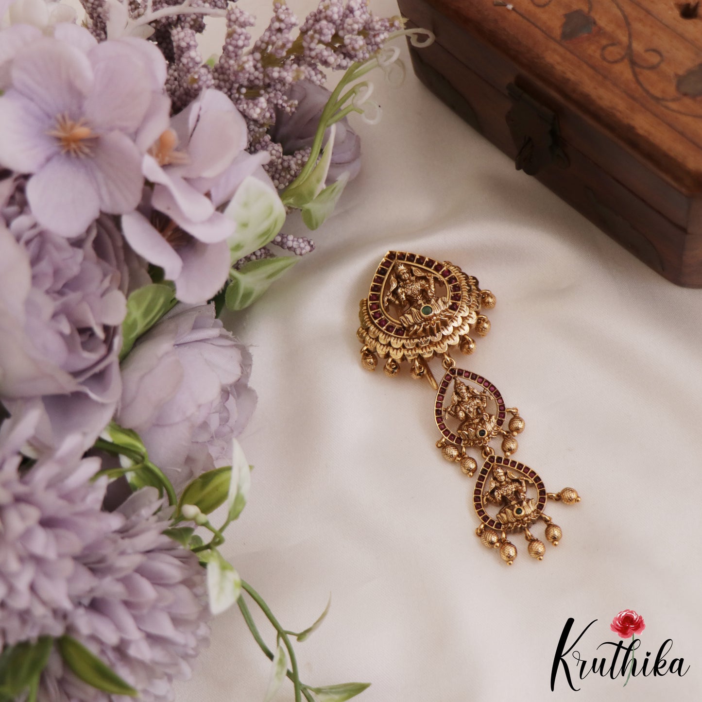 Traditional Kemp Lakshmi Motifs Jada Billa With Golden Bead Drops  J311